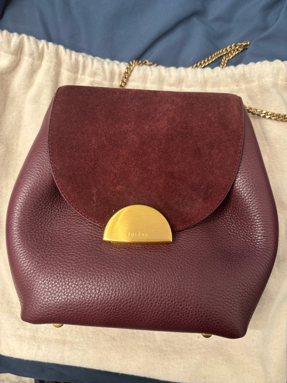 Polene Numero Un crossbody bag in burgundy leather and suede with gold hardware